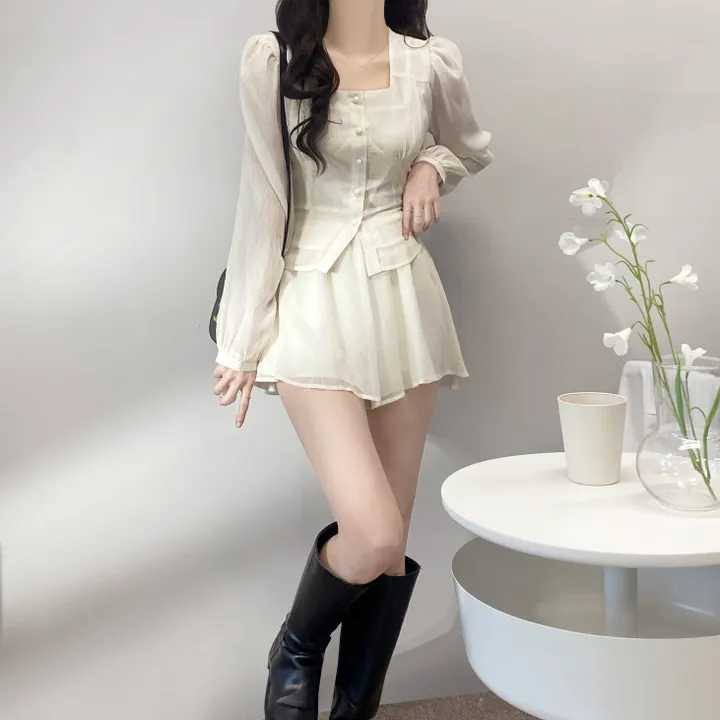 [🚀당일발송/세트가격🌸/3color/데이트룩!] 밀키웨이 청순 여신 리본 스퀘어넥 쉬폰 시스루 셔링 프릴 블라우스 밴딩 A라인 플리츠 팬츠 미니스커트 벚꽃룩 봄투피스 셋업 상세 이미지 19
