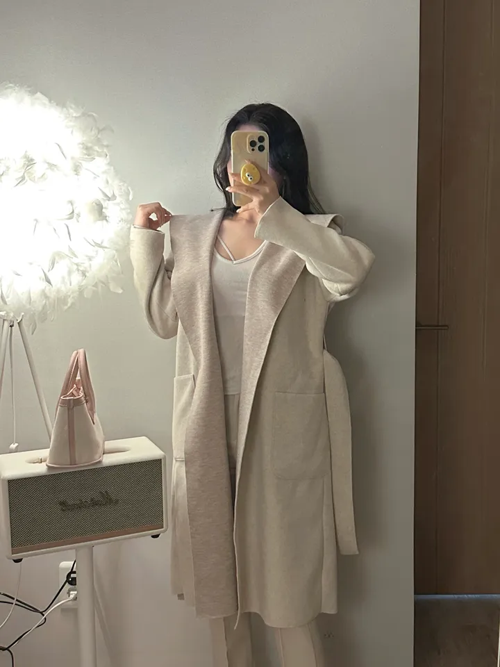 울 배색 벨트 후드 숄 코트 가디건 상세 이미지 5