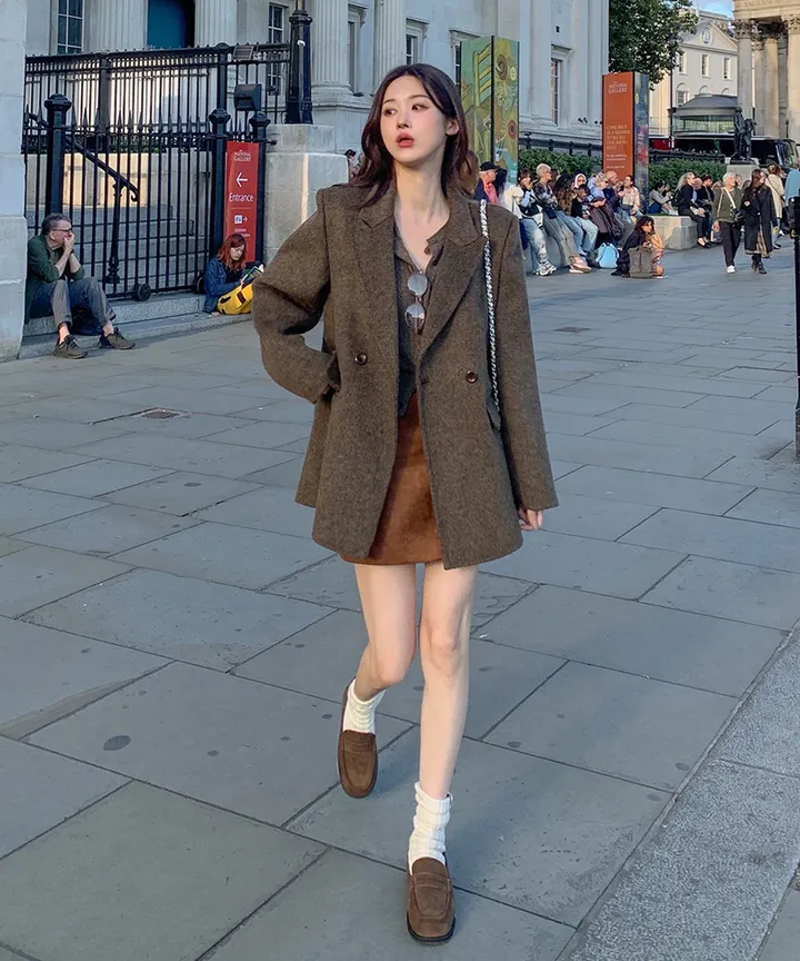[wool70%🤎클래식무드] 모직 헤링본 핸드메이드 하프코트 자켓 반코트 아우터 절개 트임 코트 고퀄리티 루즈핏 봄 간절기 데이트룩 개강룩 4COL 상세 이미지 6