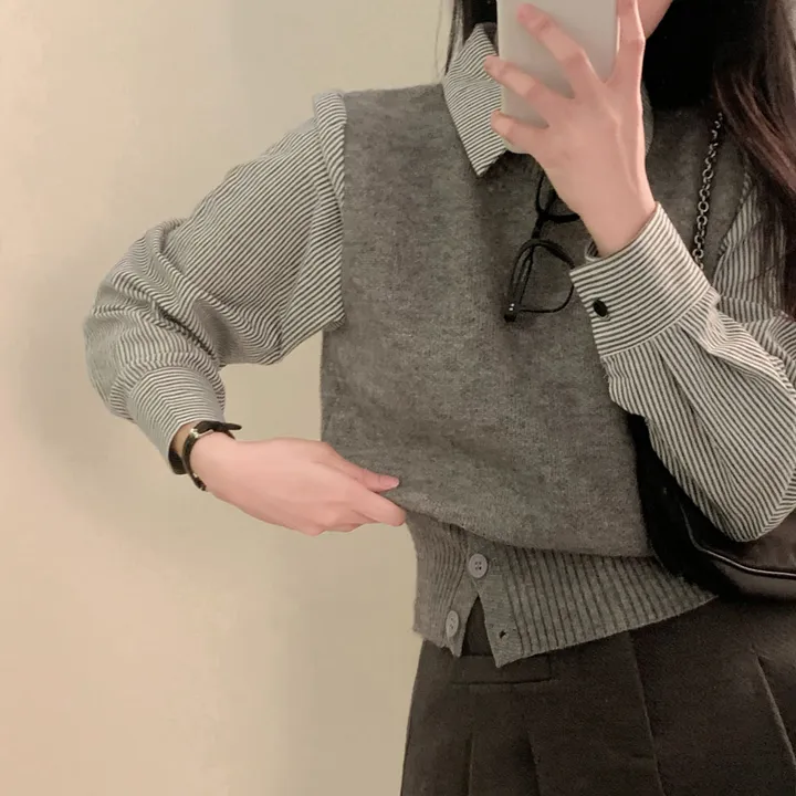 [단독/일체형!/✨주문폭주✨]올인원 쓰리버튼 레이어드 일체형 스트라이프 셔츠+니트조끼 상세 이미지 34