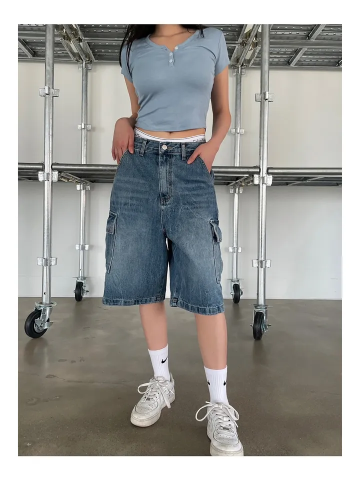 [UNISEX] 카고 데님 청 워싱 버뮤다 반바지 팬츠 (2color) 상세 이미지 3