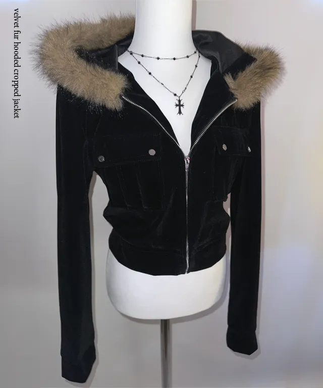 velvet fur hood  jacket- 벨벳 퍼 후드 자켓 2color (힙, 스트릿, 유니크, 크롭, y2k, 빈티지, 퍼, 집업, 후드집업) 상세 이미지 3