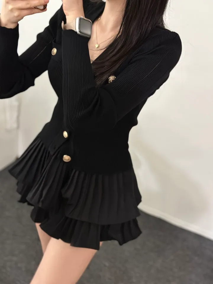 [S~L/코디SET]금장 버튼 골지 니트 슬림핏 쫀쫀 스판 브이넥 긴팔 가디건 캉캉 주름 치마 플레어 플리츠 치마바지 속바지내장 a라인 미니 스커트 투피스 세트 페미닌 데이트룩 상세 이미지 24