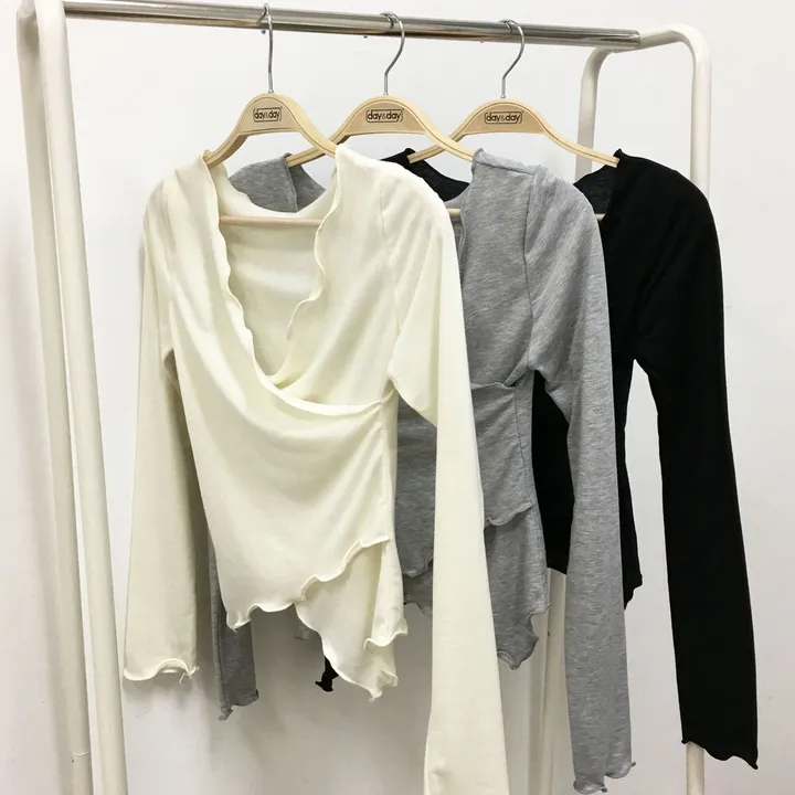 スリムロングスリーブアシンメトリーウェーブTシャツ