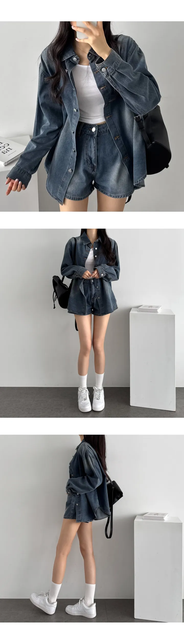 [데님세트/힙무드/y2k] 루즈핏 절개 데님 셔츠 + 3부 숏팬츠 SET 빈티지 청남방 데님 투피스 데님셔츠 데님반바지 진청 흑청 상세 이미지 23