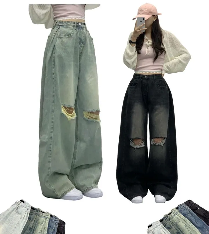 당일🚀[숏,롱/~XL/찐인생바지] 슬릿 찢청 폴딩 빈티지워싱 벌룬핏 옆핀턱 와이드팬츠 무릎트임 데님 청바지 기장선택 빅사이즈까지 오버핏팬츠 여름청바지 상세 이미지 2