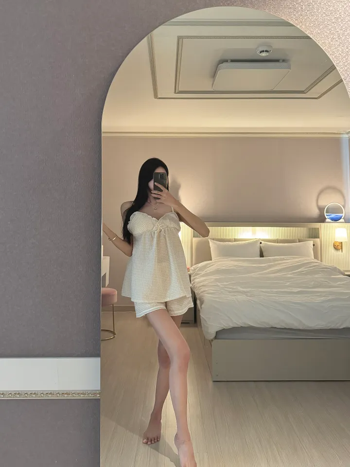 [2color/캡내장] 체크 민소매 반바지 투피스 세트 잠옷 홈웨어 파자마 상세 이미지 10