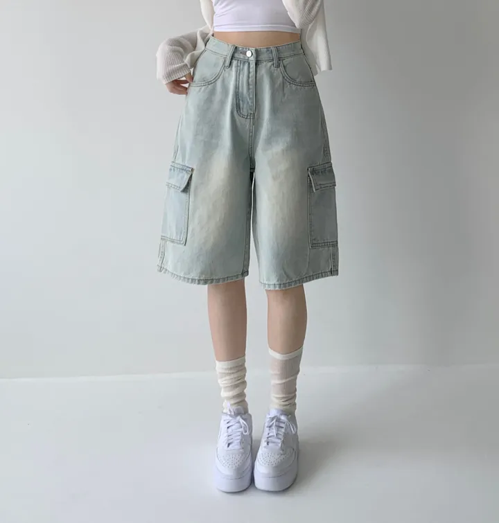 후기극찬![핏보장❤︎/힙무드/~XL] 이브닝 빈티지 힙 워싱 하이웨스트 와이드 카고 하프 버뮤다 5부 청 반바지 데님 팬츠 빅사이즈 상세 이미지 7