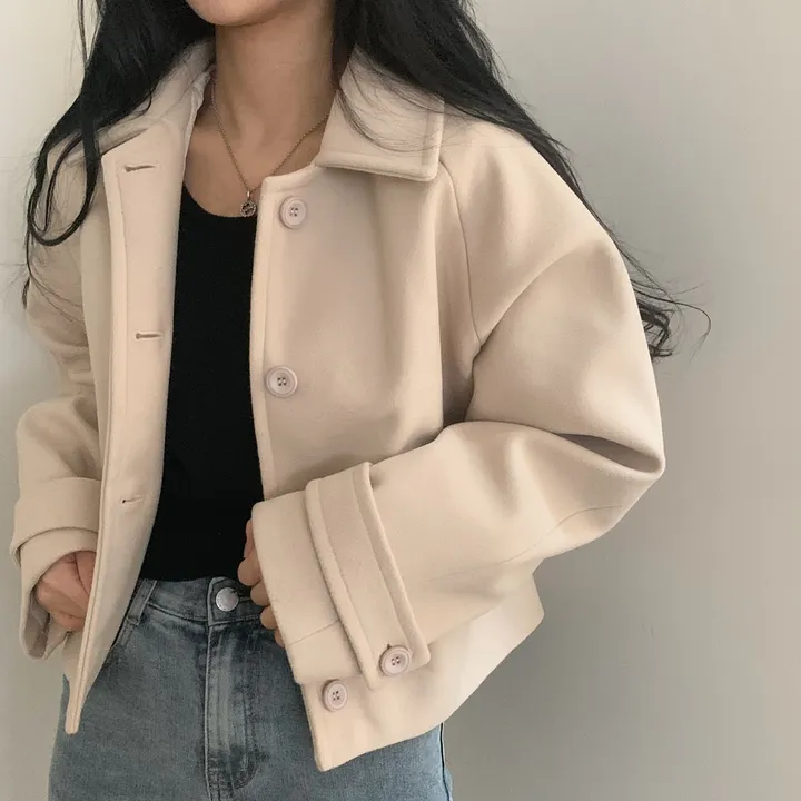 봄가을 크롭재킷 오버핏 아이보리 블랙 싱글버튼 숏코트 상세 이미지 31
