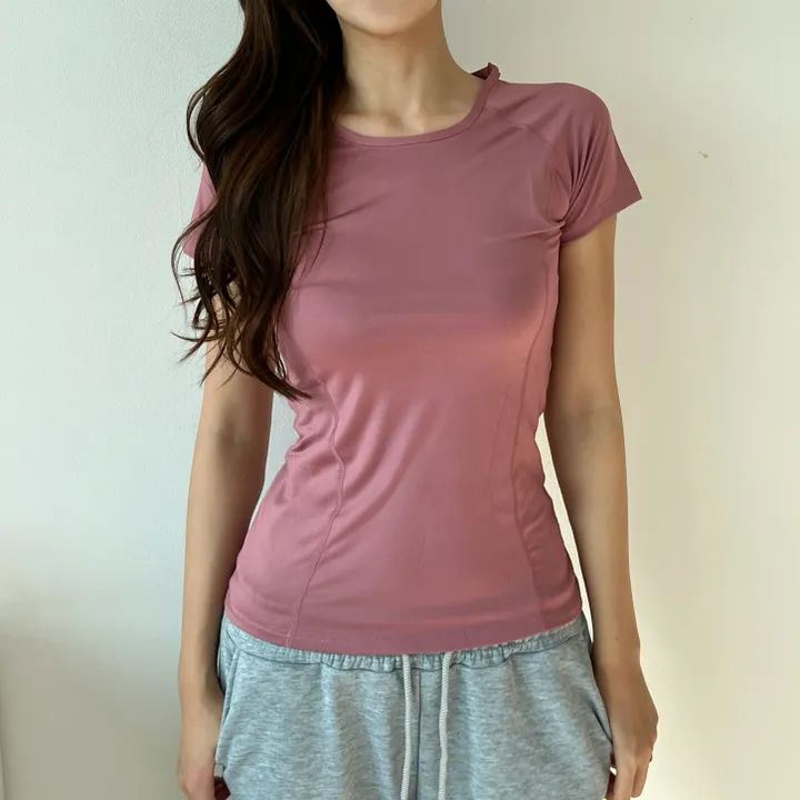 품질 보장✔텐션 트레이닝 숏 슬리브 (편한 라운드 무지 스판 기능성 슬림핏 반팔 티 헬스 러닝 가벼운 쿨링 아이스 데일리 피트니스 요가 필라테스 운동) 상세 이미지 31