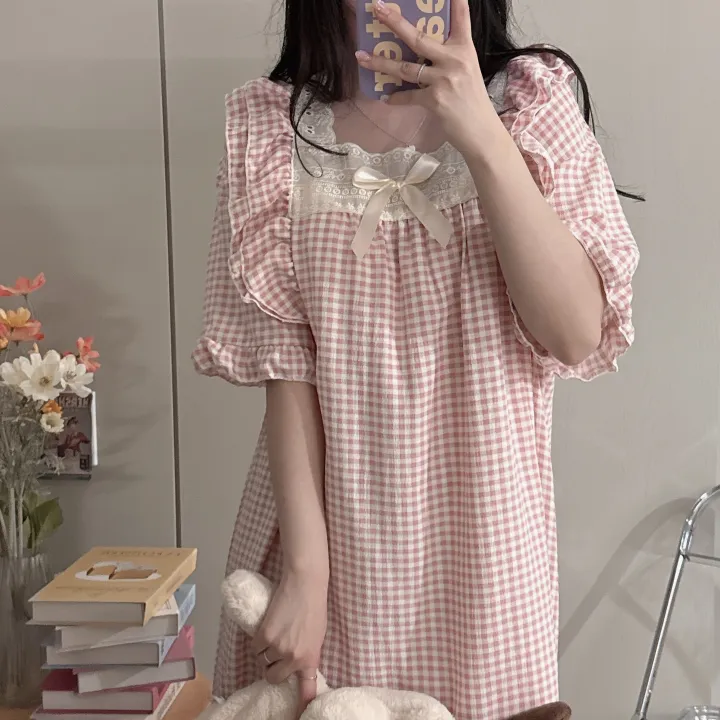 [당일출고/3컬러] 루즈핏 귀여운 스몰 체크 오버핏 반팔 원피스 파자마 잠옷_반팔ops_ver 상세 이미지 21