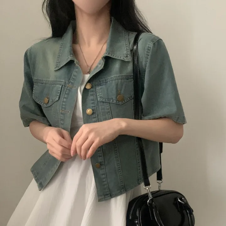 [데일리/청순무드(＊’͜’ )] 봄웨더 반팔 데님 크롭 청자켓 - 3color 상세 이미지 6