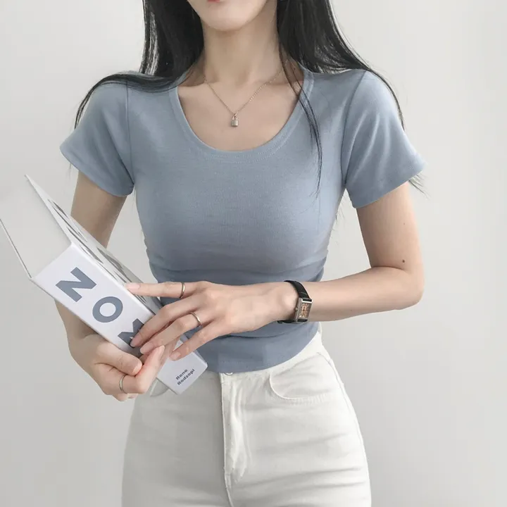 최저가🚚당일출고🚚[2개묶음할인/필수템] 넥들뜸X 부드러움, 깔끔 유넥 옆셔링 크롭 반팔 티셔츠 상세 이미지 35