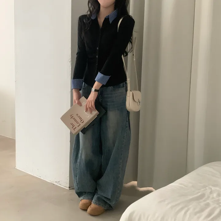 [일체형!/말라핏] 레이디 체크 셔링 레이어드 롱슬리브 버튼 긴팔티셔츠 - 4color 상세 이미지 29