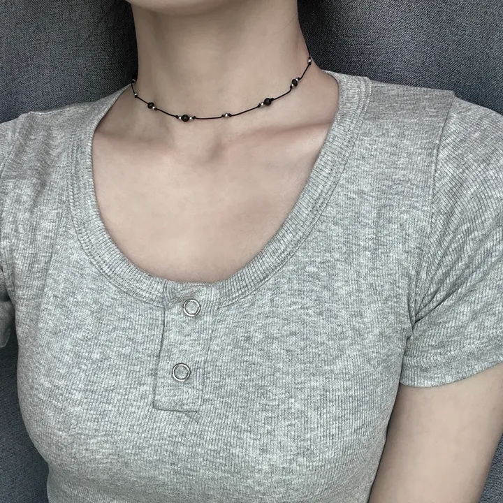 [써지컬] 무채색 블랙 오닉스 원석 써지컬 볼 매듭 끈 초커 목걸이 상세 이미지 5