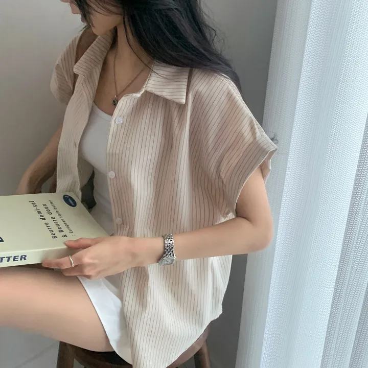 [빈티지🤍/여름셔츠] 샌드 스트라이프 루즈핏 롤업 반팔셔츠,남방 - 3color 상세 이미지 37