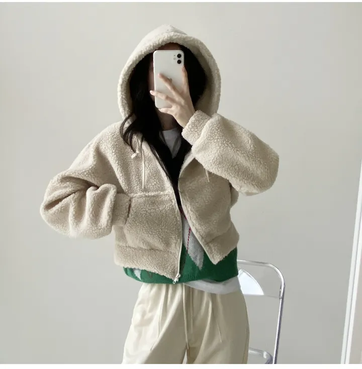 [국내생산/휘뚜루 마뚜루템!]뽀글이 덤블 크롭 후드 집업(3color) 핑크래빗 상세 이미지 26