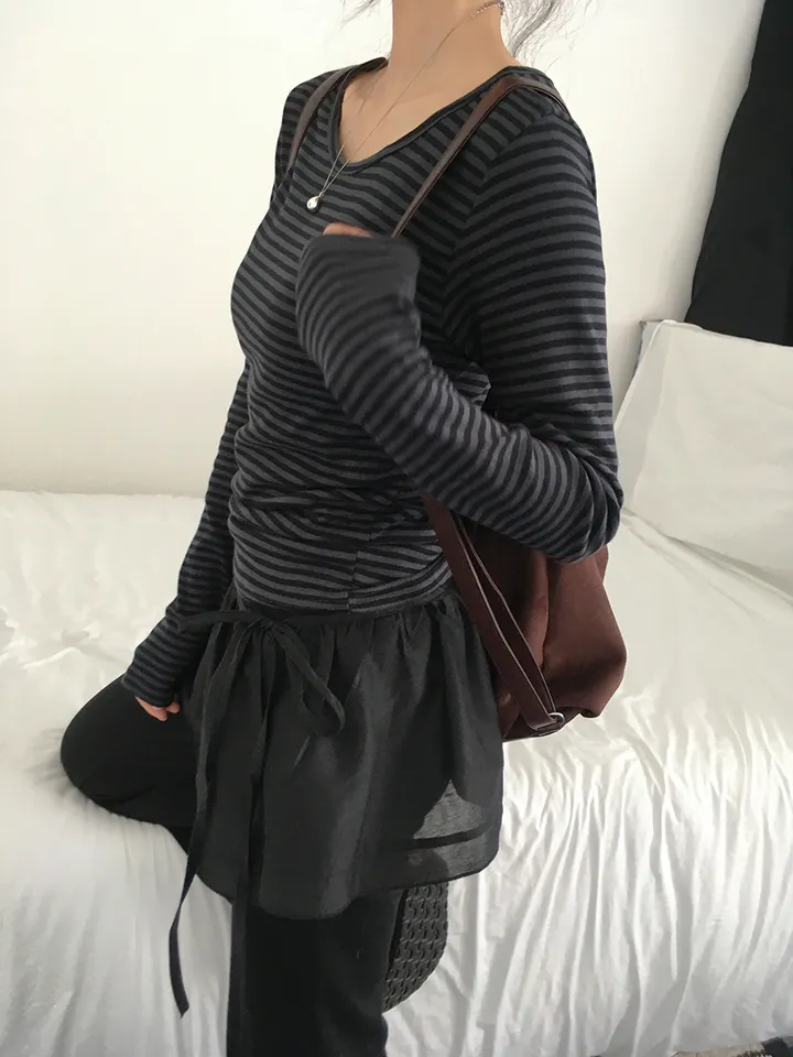 [슬림핏!/간절기,봄필수! 잔단가라 라운드넥 단가라티셔츠 긴팔티셔츠 이너티 기본티] 엘리슬림핏단가라긴팔T 상세 이미지 35