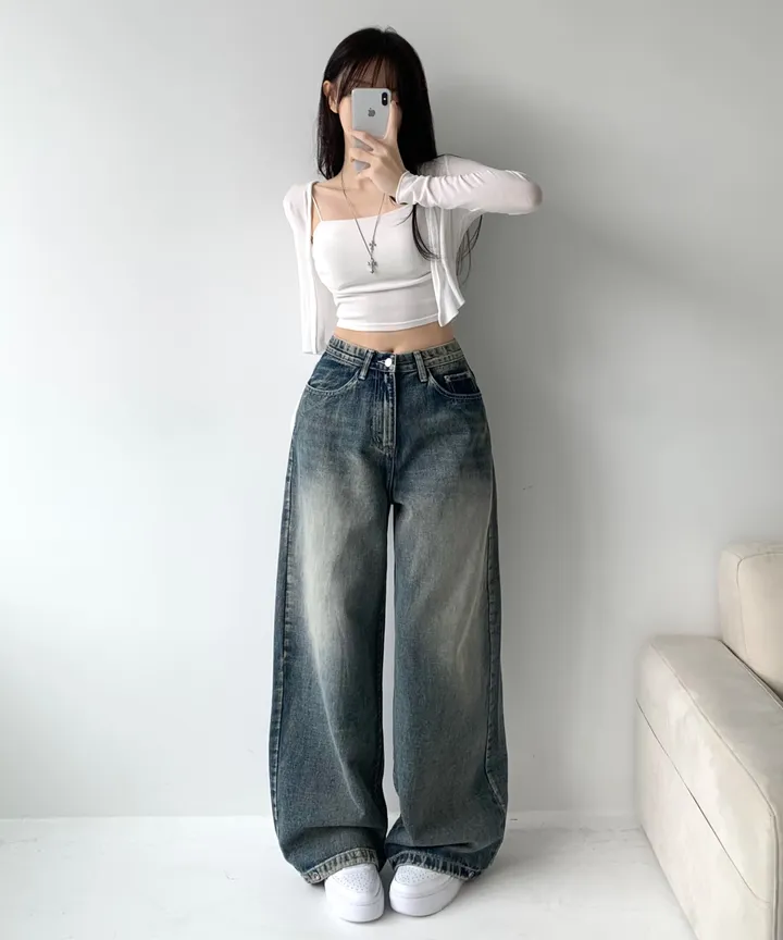 [모델소장🖤/기장선택/~XL] 페이블 3기장 힙 빈티지 워싱 하이웨스트 로우 밑단 스냅 조거 와이드 데님 팬츠 청바지 키작녀 키큰녀 남녀공용 사계절팬츠 빅사이즈 상세 이미지 25