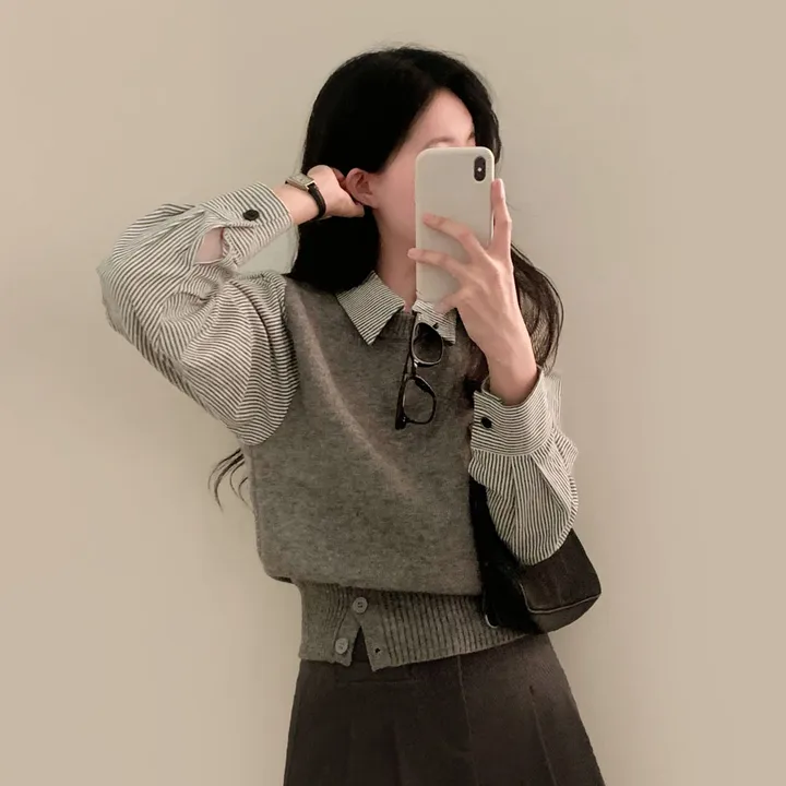[단독/일체형!/✨주문폭주✨]올인원 쓰리버튼 레이어드 일체형 스트라이프 셔츠+니트조끼 상세 이미지 31