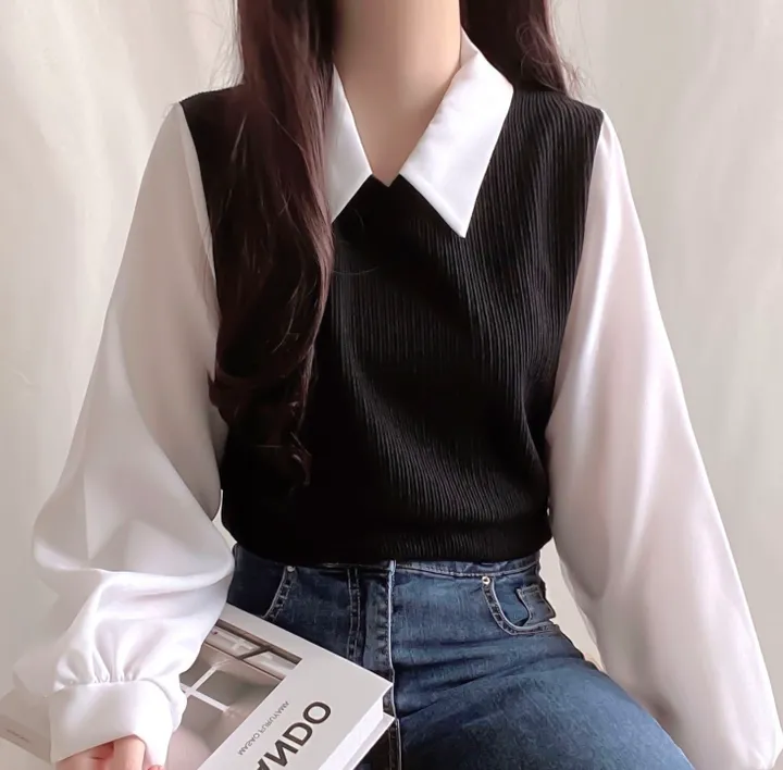 [셔츠+니트 일체형!] 포밍 레이어드 카라 벌룬 배색 니트 블라우스 4color 베이지 핑크 소라 블랙 상세 이미지 40