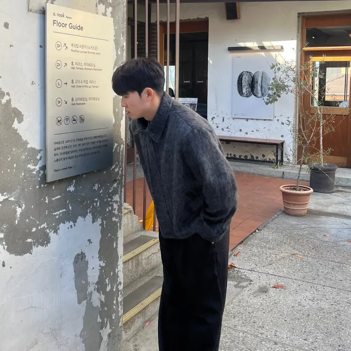 [캐주얼] 배색 남자 커플 오버핏 부클 털 모헤어 울 숏 하프 반 크롭 코트 점퍼 자켓 상세 이미지 29