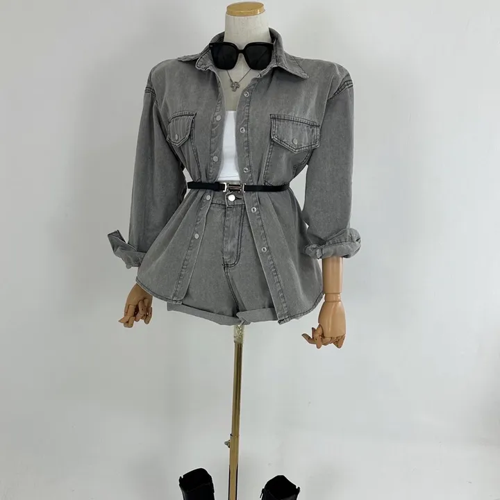 [하이틴/캐주얼/데일리/청청코디/세트가격💕] 루즈핏 포켓 워싱 데님 또또 셔츠 남방 자켓 + 하이 뒷밴딩 데님 숏반바지 팬츠 SET (2COLOR) 상세 이미지 29