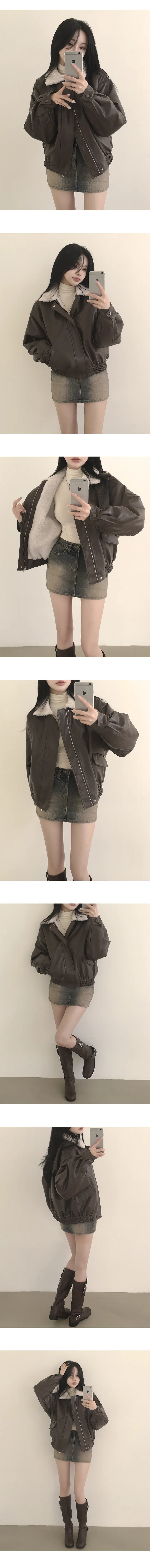 [전체양털안감🔥/한겨울까지~] 군더더기 없이 깔끔한, 양털 카라 레더 오버핏 무스탕 점퍼 (2color) 상세 이미지 3