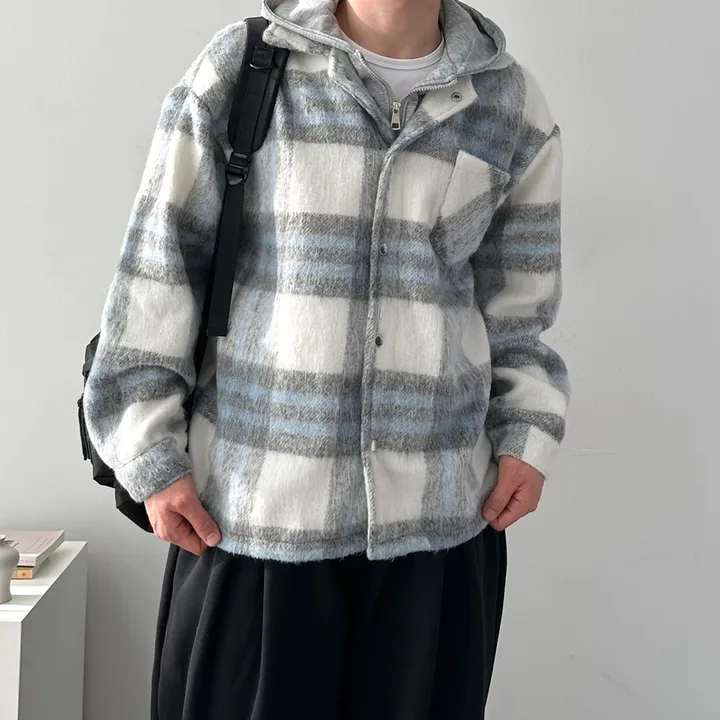 오버핏 체크 하프 코트 자켓 후드 레이어드 미니멀 빅사이즈 아우터 후드레이어드하프체크코트 상세 이미지 10