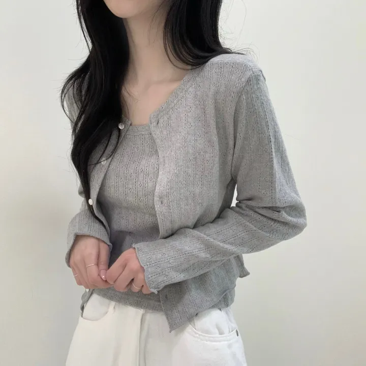 [나시+가디건set/여름까지] 여리여리 로맨틱 무드 펀칭 아일렛 세미크롭 투피스 세트 상세 이미지 7