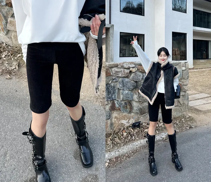 *기모/고퀄* 쿠어 코듀로이 바이커 5부 레깅스 2color 벨벳 골지 골덴 겨울 밴딩 팬츠 레깅스 트레이닝복 데일리룩 상세 이미지 1