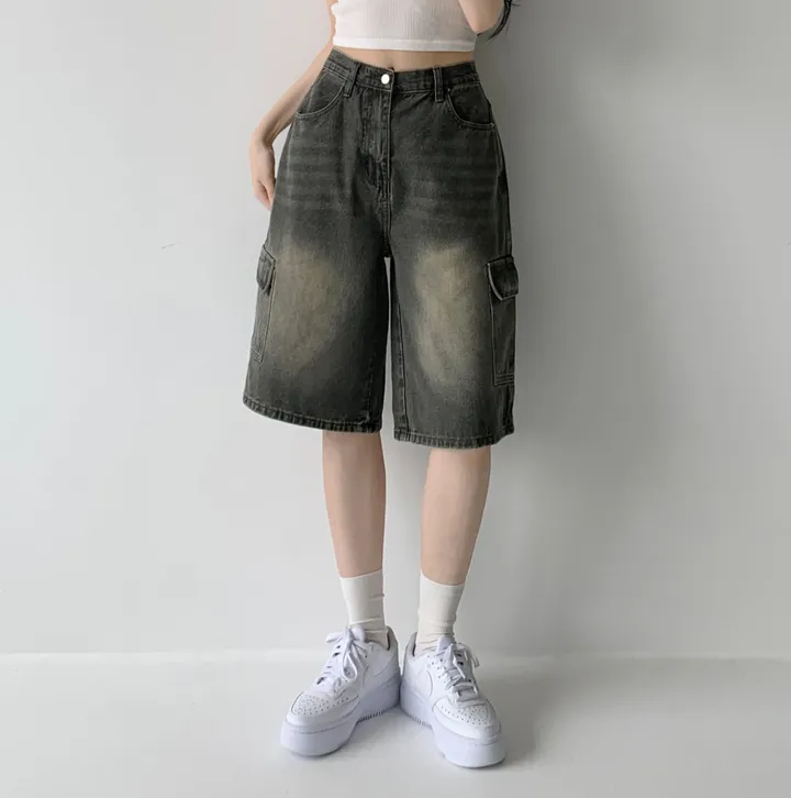 후기극찬![핏보장❤︎/힙무드/~XL] 이브닝 빈티지 힙 워싱 하이웨스트 와이드 카고 하프 버뮤다 5부 청 반바지 데님 팬츠 빅사이즈 상세 이미지 32