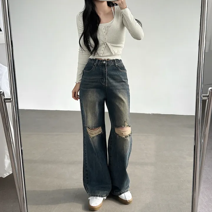 당출🚀[숏/기본/롱ver💙] 하이웨스트 히든밴딩 워싱 구제 데미지 찢청 롱 와이드 데님팬츠 5color 상세 이미지 27
