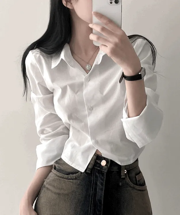 [뒷밴딩/스탠다드!] 기본핏 허리 잘록 뒷밴딩 크롭 셔츠