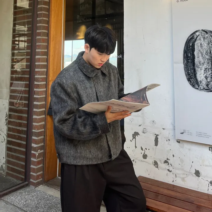[캐주얼] 배색 남자 커플 오버핏 부클 털 모헤어 울 숏 하프 반 크롭 코트 점퍼 자켓 상세 이미지 19