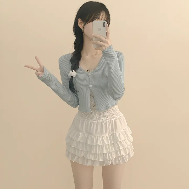[벚꽃룩🌸/여리색감] 파스텔 크롭 슬림핏 트임 봄여름 니트가디건 딸기우유 핑크 소라 러블리힙 상세 이미지 14