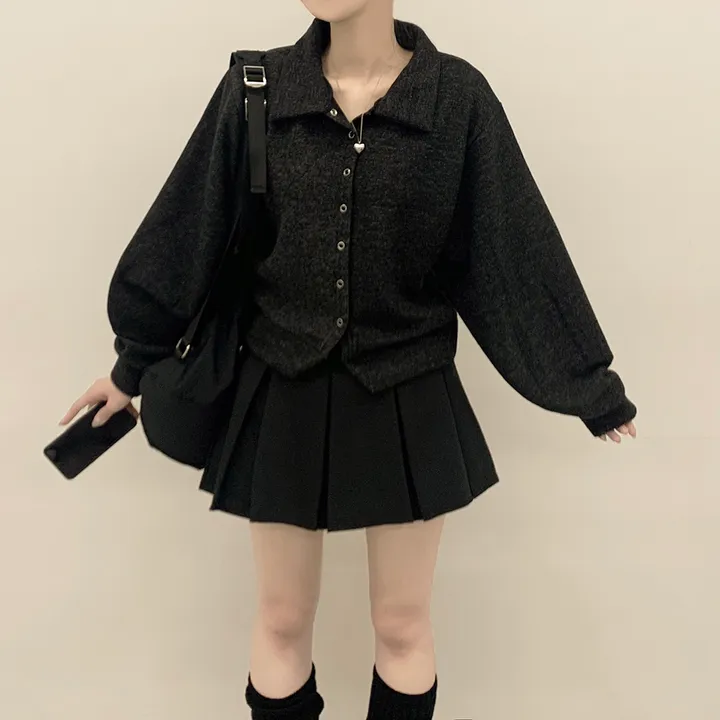 [보들보들🖤/귀여움] 아방핏 카라 스냅 단추 긴팔 세미크롭 벌룬가디건 상세 이미지 14
