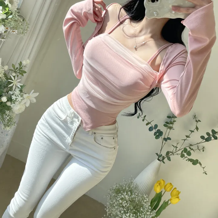 당일🚚[컬러추가❤]4계절티 메쉬 망사 레이어드 볼레로 긴팔t 상세 이미지 20
