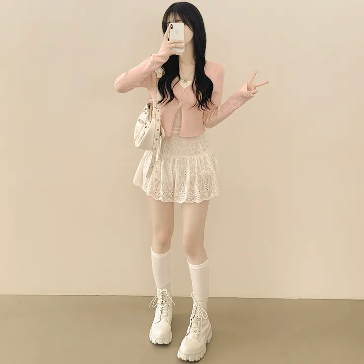 [벚꽃룩🌸/여리색감] 파스텔 크롭 슬림핏 트임 봄여름 니트가디건 딸기우유 핑크 소라 러블리힙 상세 이미지 9