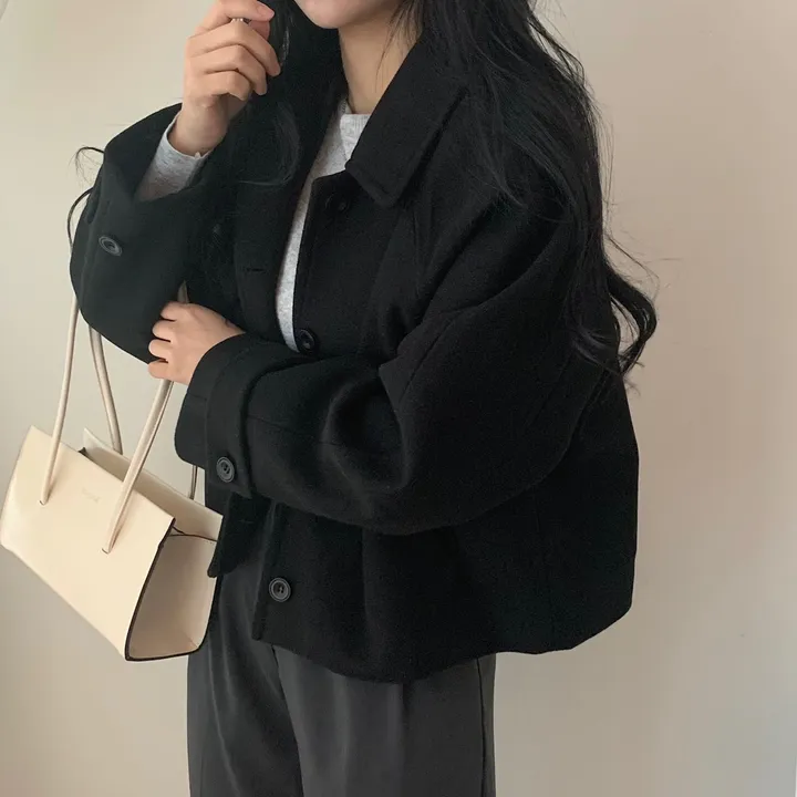 봄가을 크롭재킷 오버핏 아이보리 블랙 싱글버튼 숏코트 상세 이미지 41