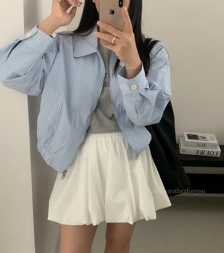 (스트라이프/무지) 바스락 코튼 카라 블루종 숏 점퍼 3col : 어나더포유 상세 이미지 3