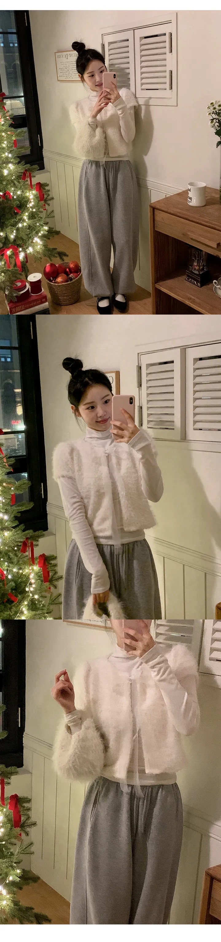 [하객룩][리본탈부착가능][리본 셋트][MADE][자체제작][국내 생산]스노우 시어 쉬폰 리본 퍼 반팔 가디건 (3color) 상세 이미지 22