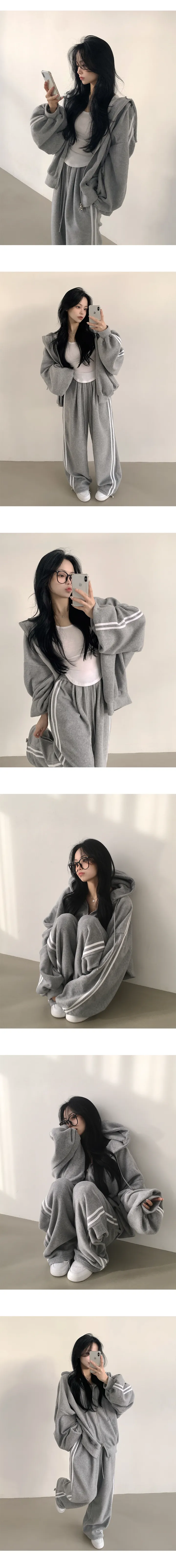 [도톰,포근~/후리스트레이닝세트🤍] 꾸안꾸 정석, 후리스 트랙 오버핏 투웨이 후드집업 + 밴딩 트랙 투웨이 스트링 조거 와이드 트레이닝팬츠 투피스 세트 (5color) 상세 이미지 3