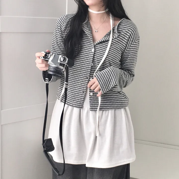 [반전 도트안감🖤/뒷태패치 포인트!!] 빈티지 감성 낭낭🪽 도트안감 패치 단가라 스트라이프 긴팔 가디건 엔젤코어 상세 이미지 18