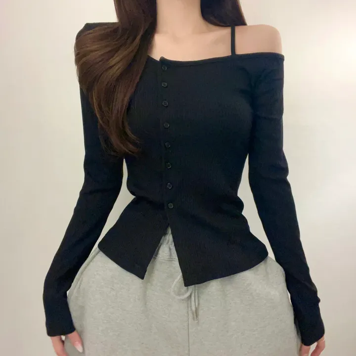 [청순섹시/쫀쫀] 원 오프숄더 사선 골지 버튼 가디건 긴팔티 (3color) 상세 이미지 5