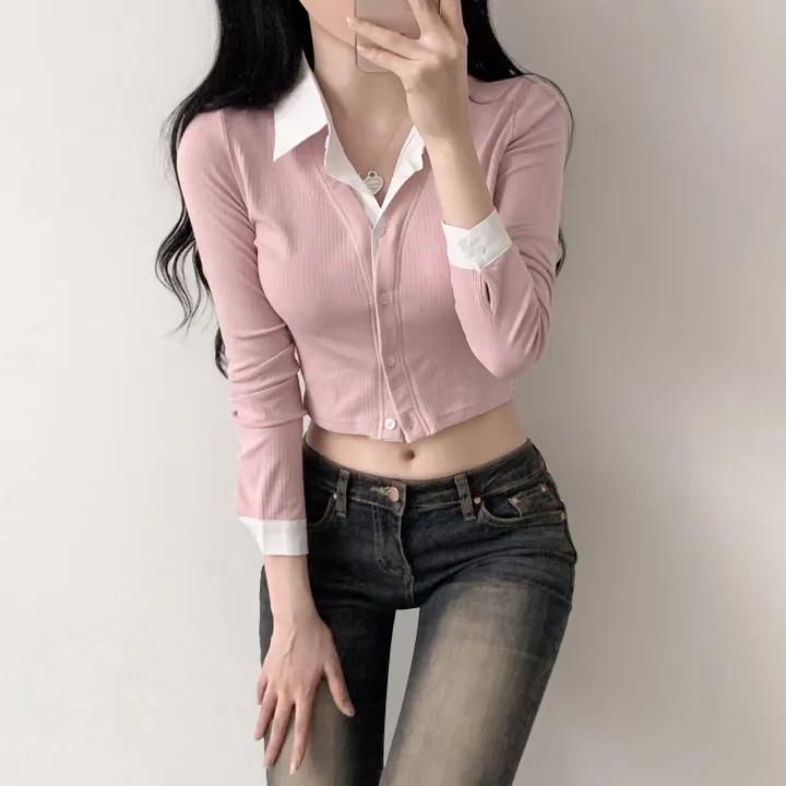 [일체형/하이틴무드] 하이틴 영화 여주인공 골지 가디건 + 크롭셔츠 일체형 레이어드 긴팔 티셔츠 상세 이미지 12