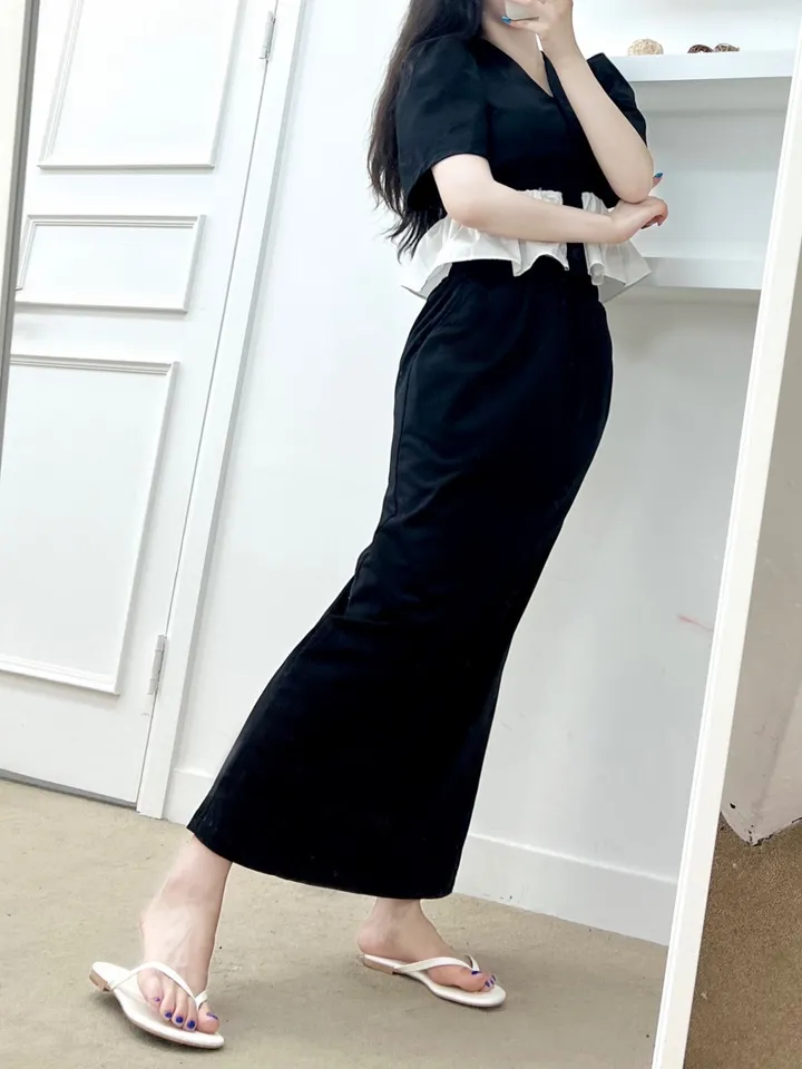 *세트가격+선주문터짐* 어깨패드O 핑키 프릴 퍼프 가디건 + 밴딩짱짱 뒷트임O 롱스커트 (2COLOR) 투피스 트레이닝세트 마실룩 장마룩 레이어드코디 휴양지룩 여행코디 상세 이미지 18
