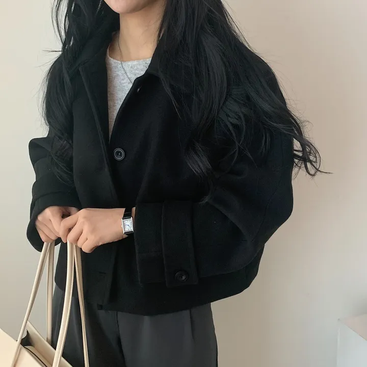 봄가을 크롭재킷 오버핏 아이보리 블랙 싱글버튼 숏코트 상세 이미지 43