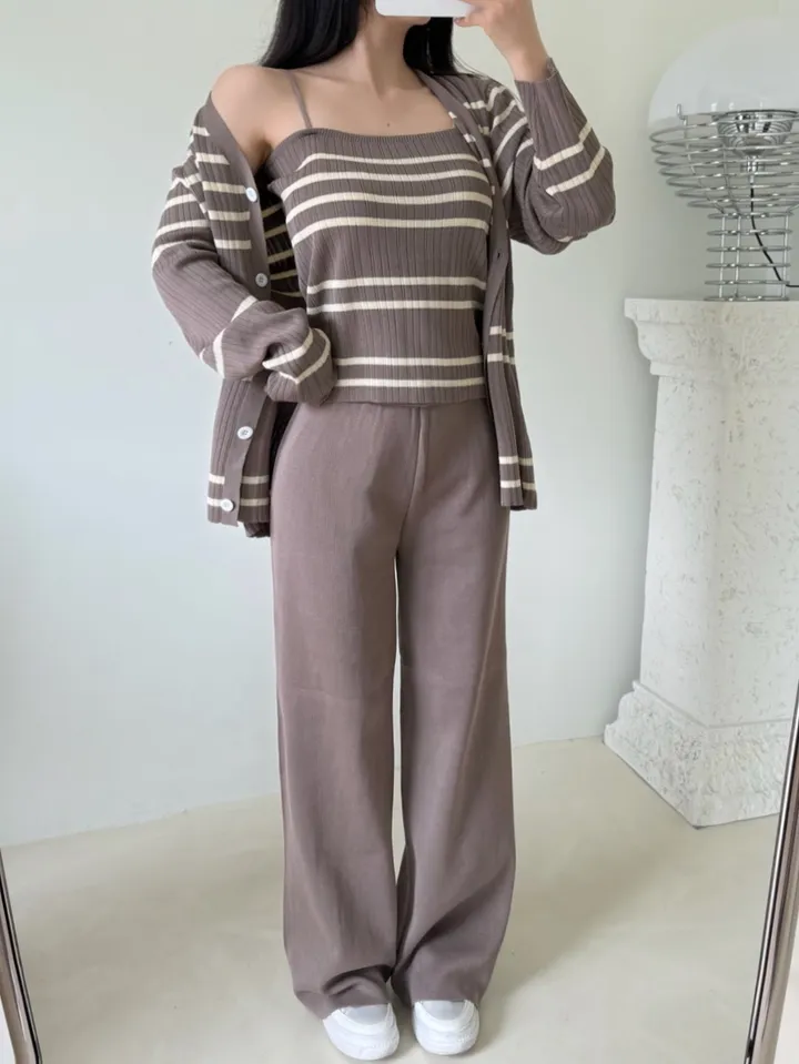 [3pcs]솔라 골지 단가라 스트라이프 쓰리피스 set (나시 가디건 밴딩 와이드 롱 팬츠 세트 데일리 꾸안꾸 코디 투피스 트레이닝 니트) 상세 이미지 11