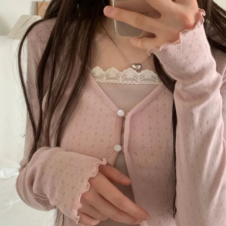 레이블 물결 여리핏 플라워 펀칭 브이넥 롱슬리브 버튼 가디건 3color 상세 이미지 28